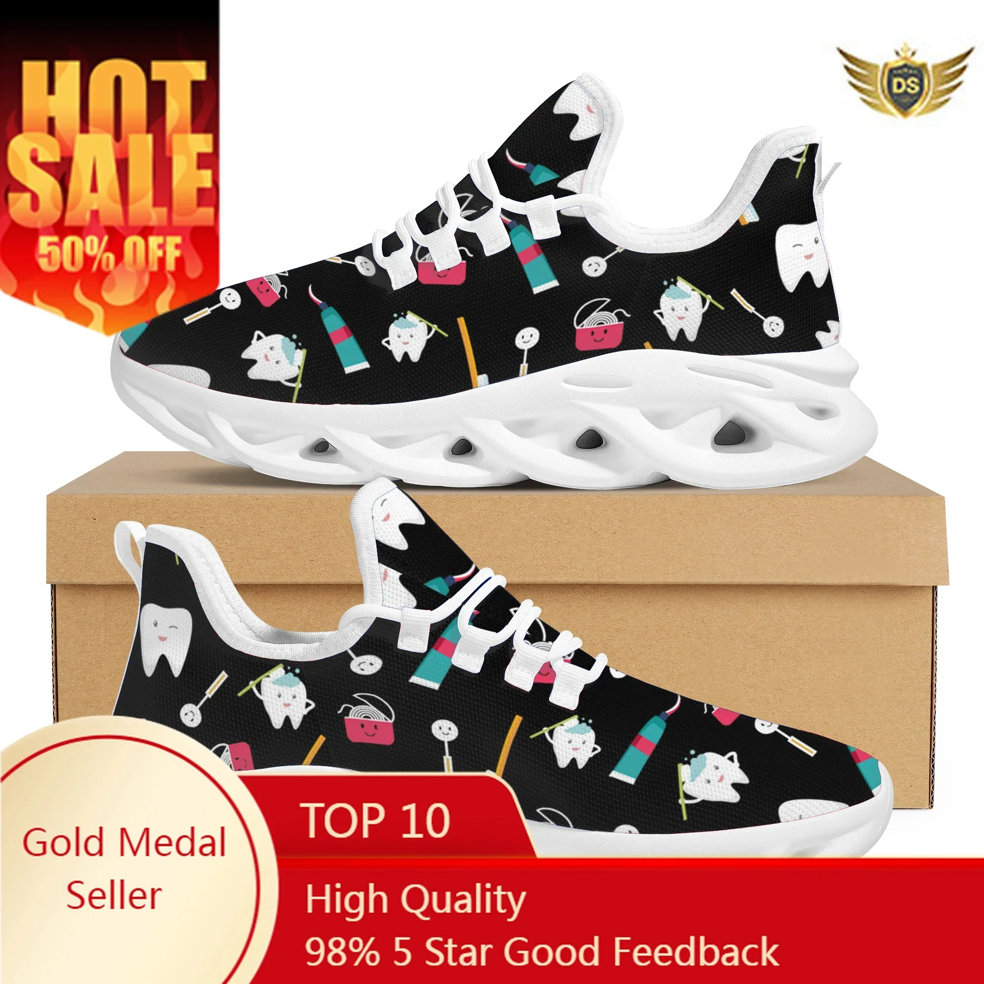 Cute Teeth Design Ladies Sneakers Black Dental Style Comfortable Non-Slip Flats Outdoor Lace-Up Basketball Shoes Zapatos