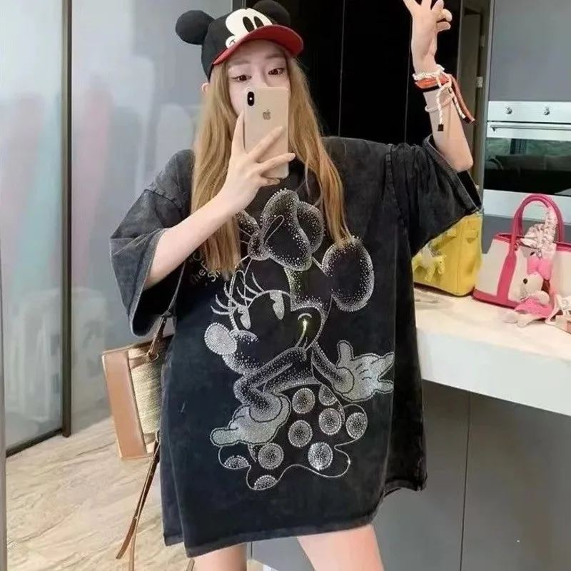 

Disney Mickey print Summer Lazy Style Fashion Top Sweet Cute Dopamine Design Hot Diamond T-shirt Women's Versatile New Trend Top