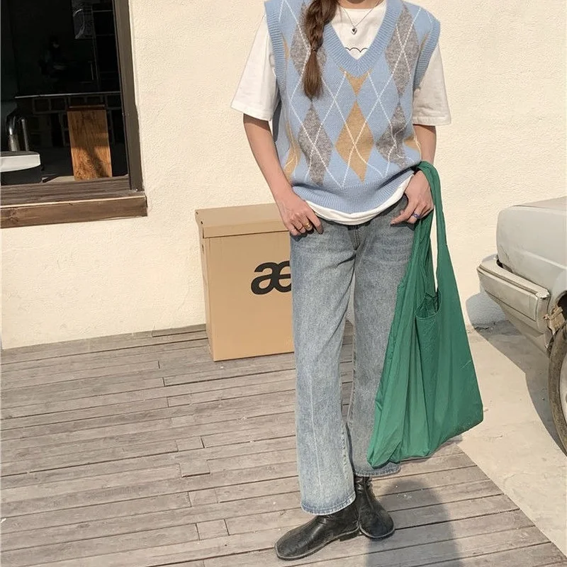 Sweater Vests Women S-3XL Vintage Fashion All-match Retro Autumn Knitted Chic Sleeveless Design New Harajuku Argyle Ins V-Neck