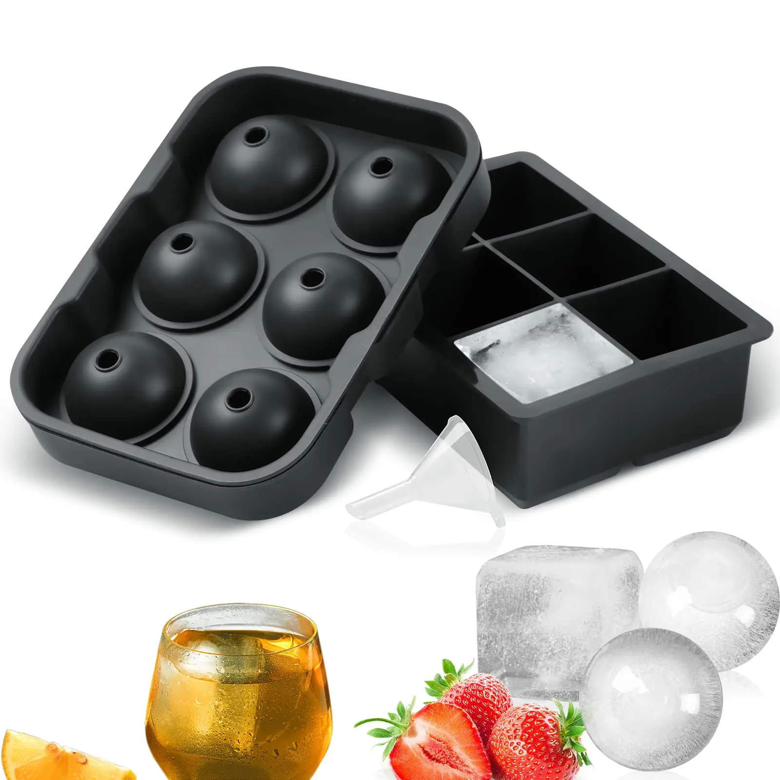 Black Large Ice Cube Trays Silicone for Freezer with Lid ,Ice Ball Maker Reusable Molds For Whiskey Bar Party Home Kitchen Tools