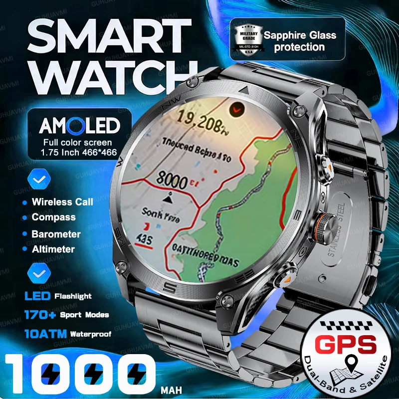 Outdoors Military Smart Watch Bulit-in GPS Compass Altimeter Flashlight 10ATM Waterproof Heart Rate 1.75” AMOLED HD Call Watches