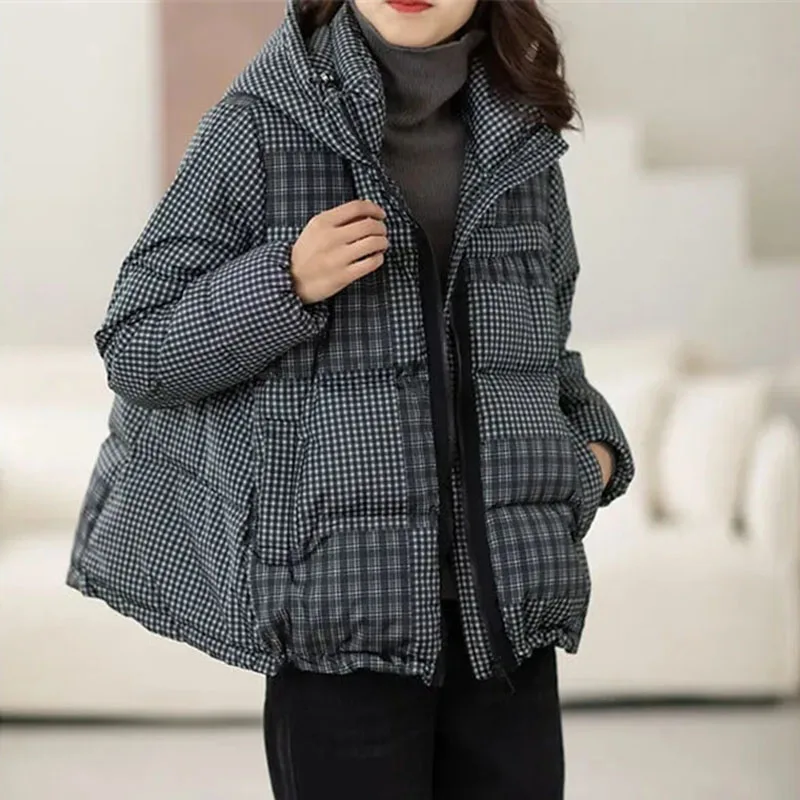 Short Down Jacket Women Winter Parka Plaid Hooded White Duck Down Coat Thick Warm Loose A-line Shape Oversize Overcoat Female