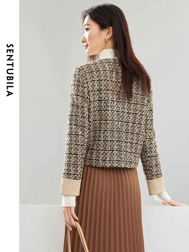 SENTUBILA Contrast Cuff Crop Tweed Jackets for Women 2024 Spring Autumn Elegant Long Sleeve Straight Outerwear Coat 141W52802