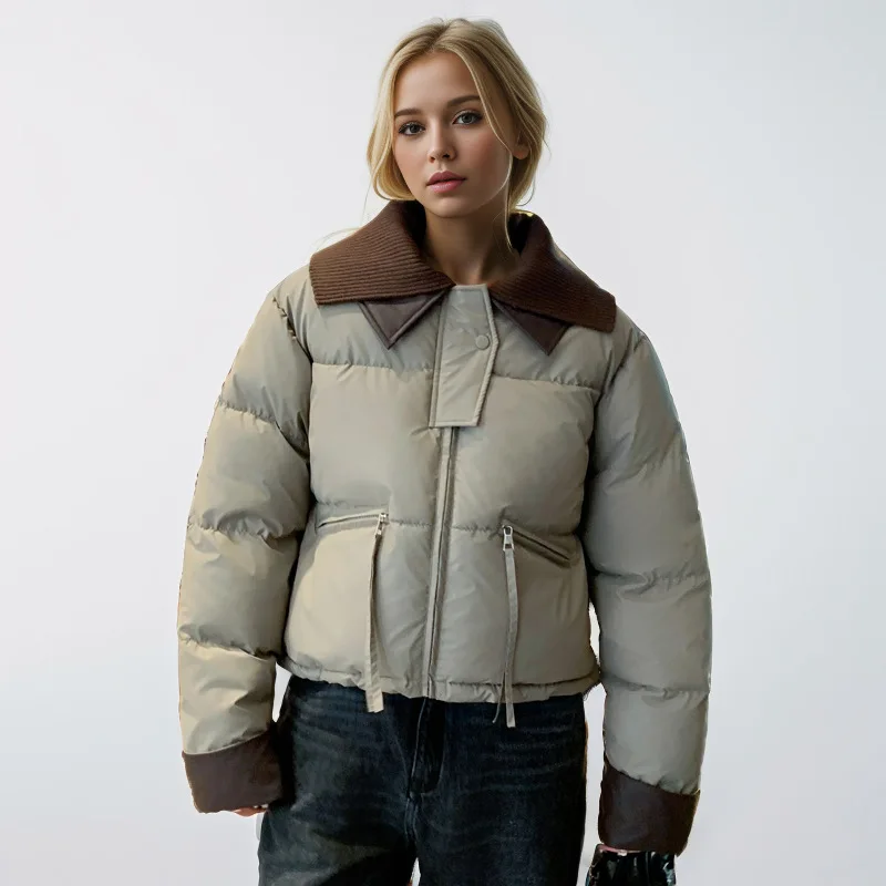 Verdikte dames winter gewatteerde jas Kleur geblokkeerde gebreide reverskraag PU-leer Damesjas Veelzijdige jas met panelen voor dames