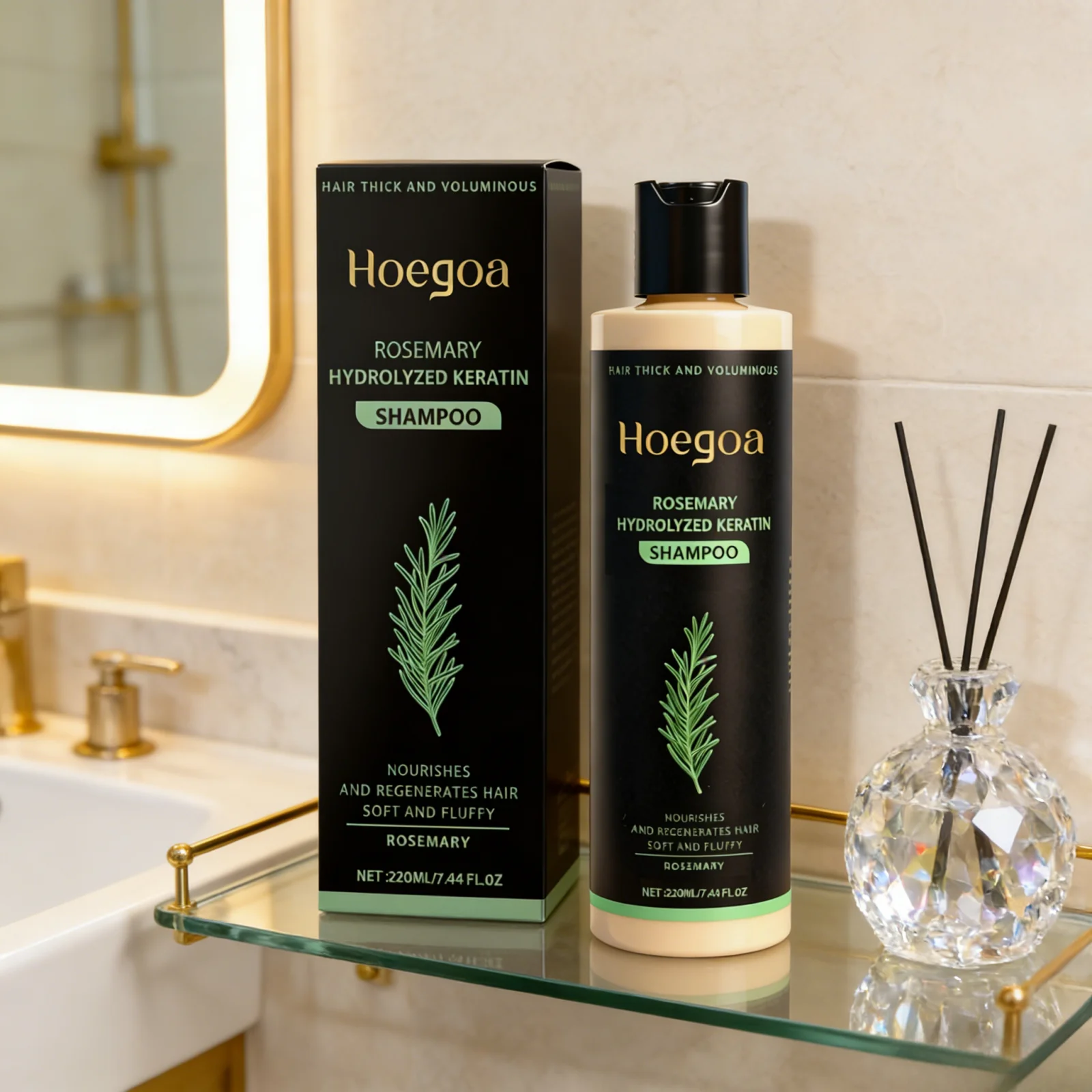 Champú de Queratina Hidrolizada con Romero Hoegoa, Fortalecedor, Limpiador, Ligero, Tratamiento para la Caída del Cabello, Champú para el Crecimiento del Cabello