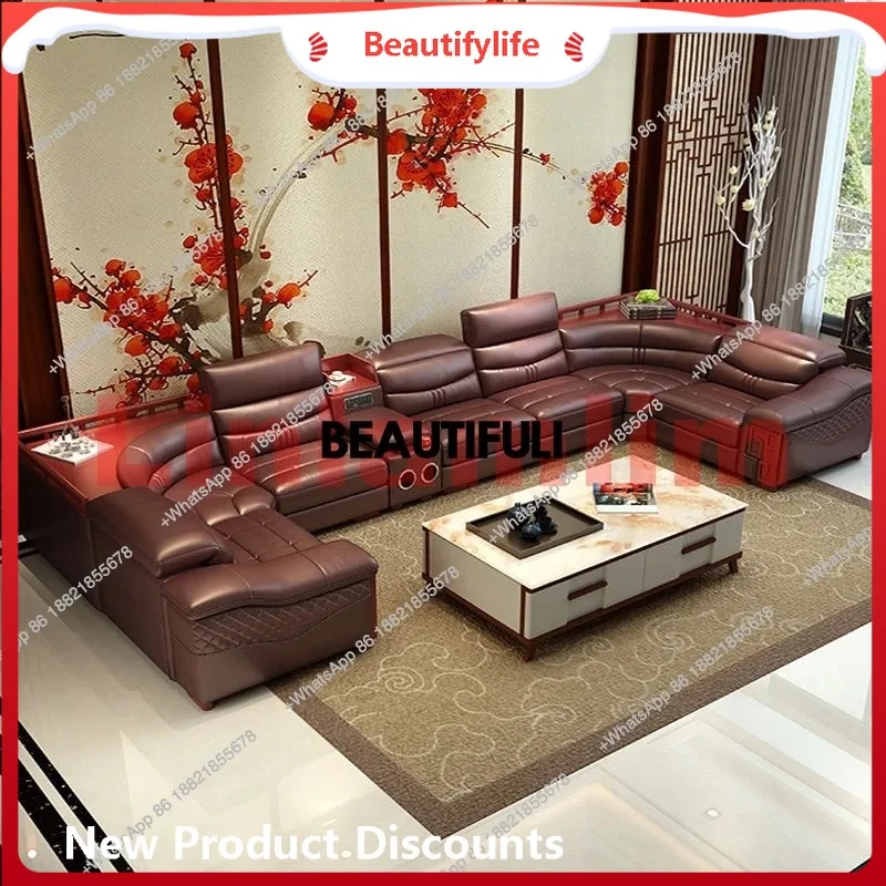 

a48 Luxury U-Shaped Genuine Leather Sofa Set with Recliner, Modern Sectional Couch with Storage and Cup Holders for Living Room