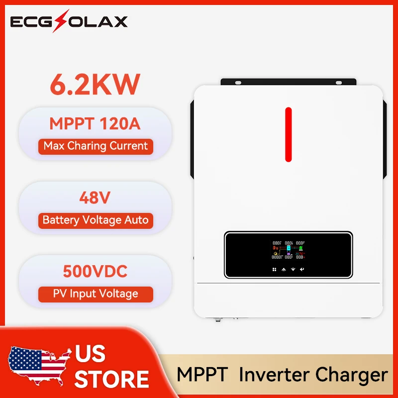 ECGSOLAX 6.2KW عاكس شمسي هجين 48 فولت 230 فولت تيار متردد مدمج في 120A وحدة تحكم MPPT مخرج مزدوج خارج الشبكة شاحن عاكس هجين 6200 وات