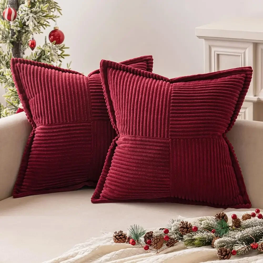 Christmas Corduroy Throw Pillow Covers  Boho Decorative Red 18×18 Inch,Super Soft Pillowcase Cozy Striped Texture Cushion Cover