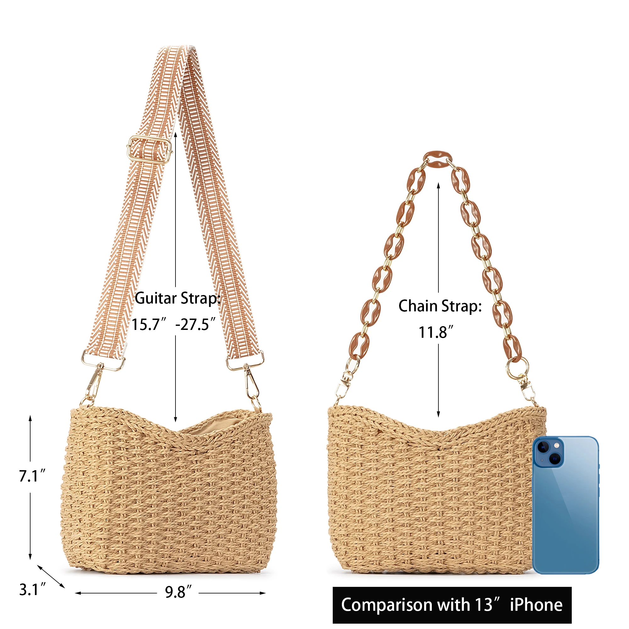 Herald Small Handmade Straw Crossbody Bag for Women, Summer Chic Woven Handbag Shoulder Purse with Chain & Guitar Strap