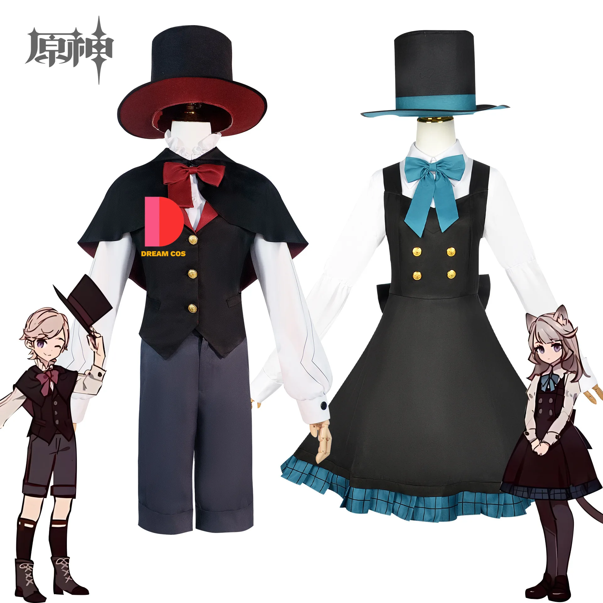 

Elegant Genshin Impact Fontaine Lyney Lynette Cosplay Costume Young Version Game Outfit with Tail Wig Ears Magician Uniform