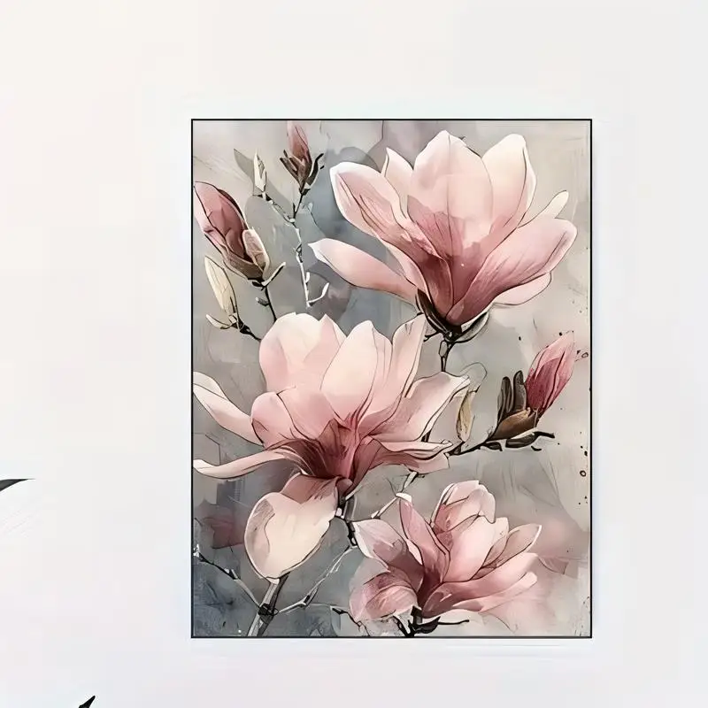 Watercolor Magnolia Flowers Iron Wall Art - Soft Pink Gray, 2D Flat Metal Tin Painting, Artistic Decor for Home, Living Room, Be