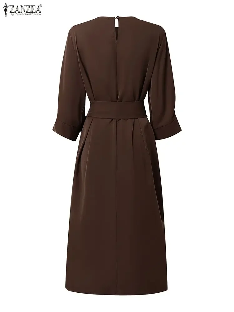 ชุดเดรสยาวปานกลาง ZANZEA รุ่นปี 2025 ดีไซน์หรูหราสำหรับผู้หญิง แขน 3/4 พร้อมเข็มขัด เหมาะสำหรับงานปาร์ตี้ แฟชั่นลำลอง คอกลม สีพื้น
