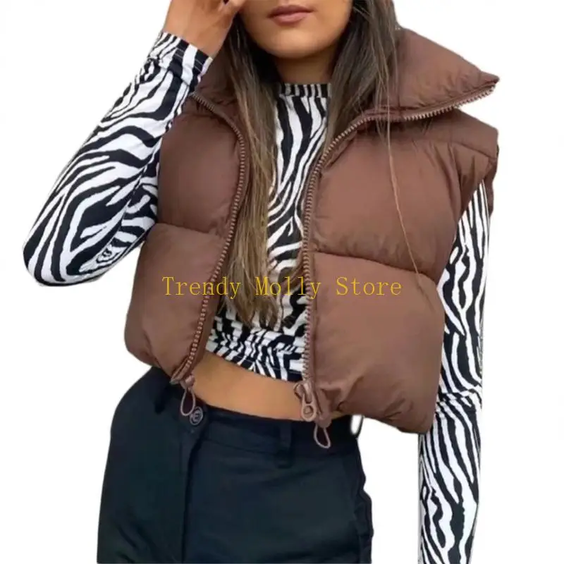 N5KB Women Winter Warm Gilet Waistcoat Sleeveless Zipper Up Crop Puffer Vest Outwear