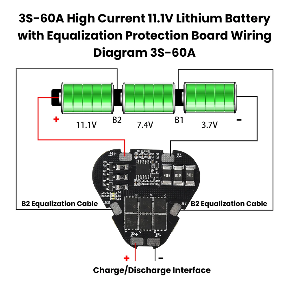 3S 60A Lithium Battery Protection Board with Balancing 12.6V Output High Current for 3-Cell Li-ion Battery Pack