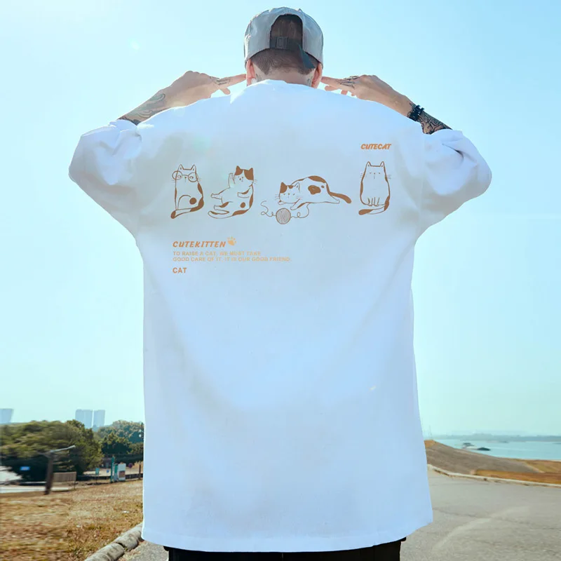 New Men's T-Shirt Cat Print Short Sleeve Tees For Men Simple Fashion Male Clothing Loose Oversized T-Shirt Tops 2024 Casual Tee