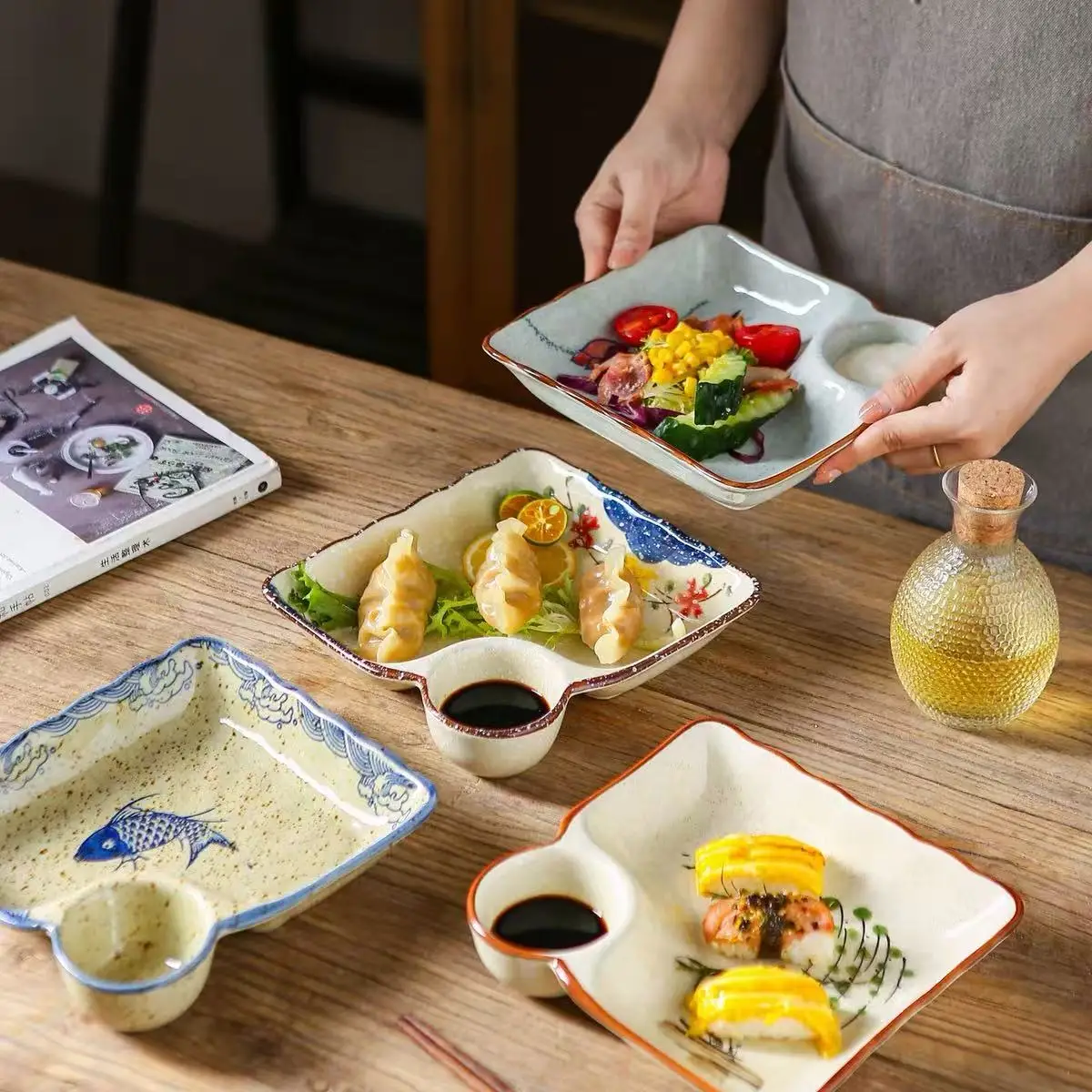 2pcs Rectangular Ceramic Dinner Plates- Divided Plates and French Fry Plates with Built-in Sauce Dishes, Ideal for Dumplings