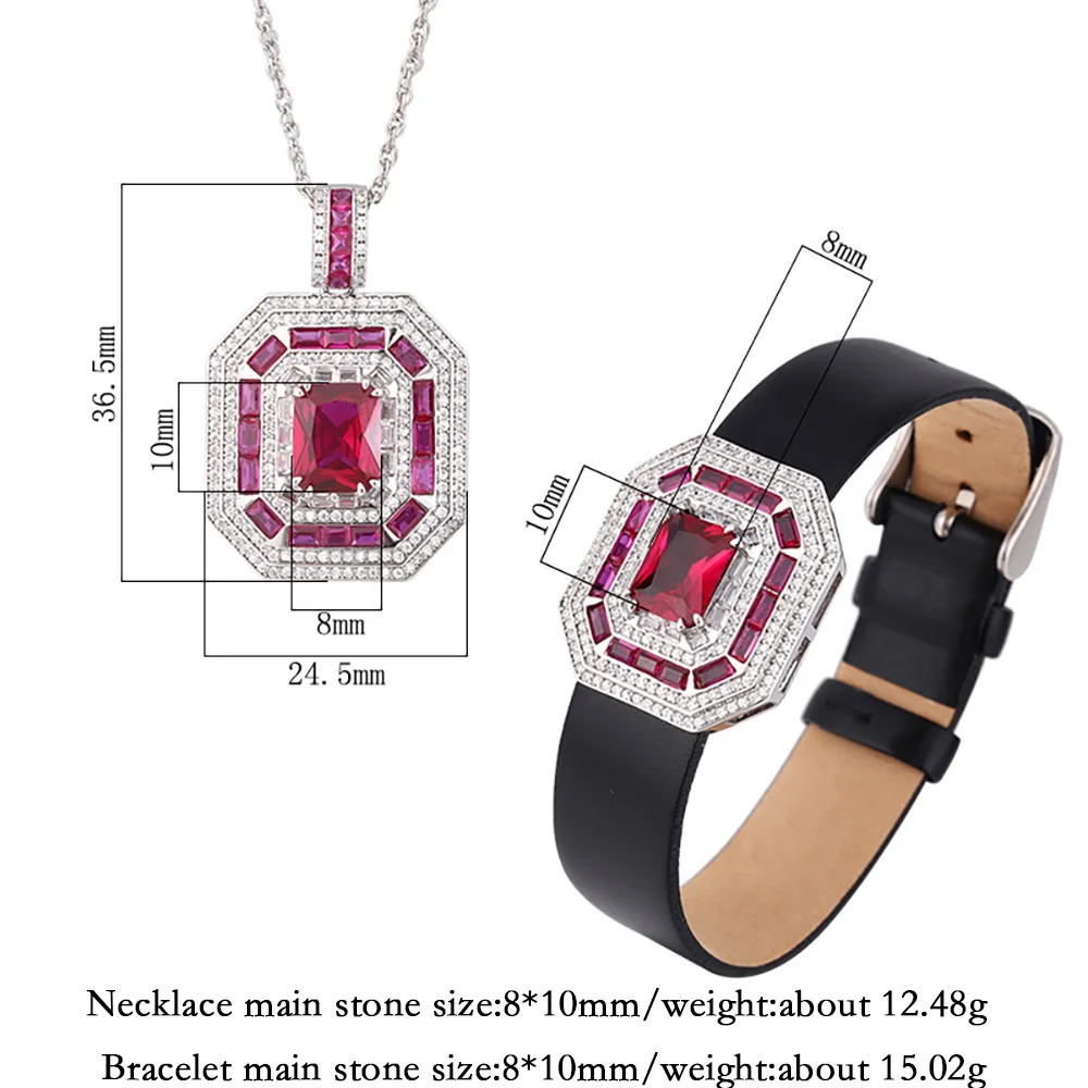 Trend 8*10mm Sapphire Ruby Necklace Pendant Bracelet Vintage Jewelry Sets for Women Gemstone Wedding Cocktail Party Accessories
