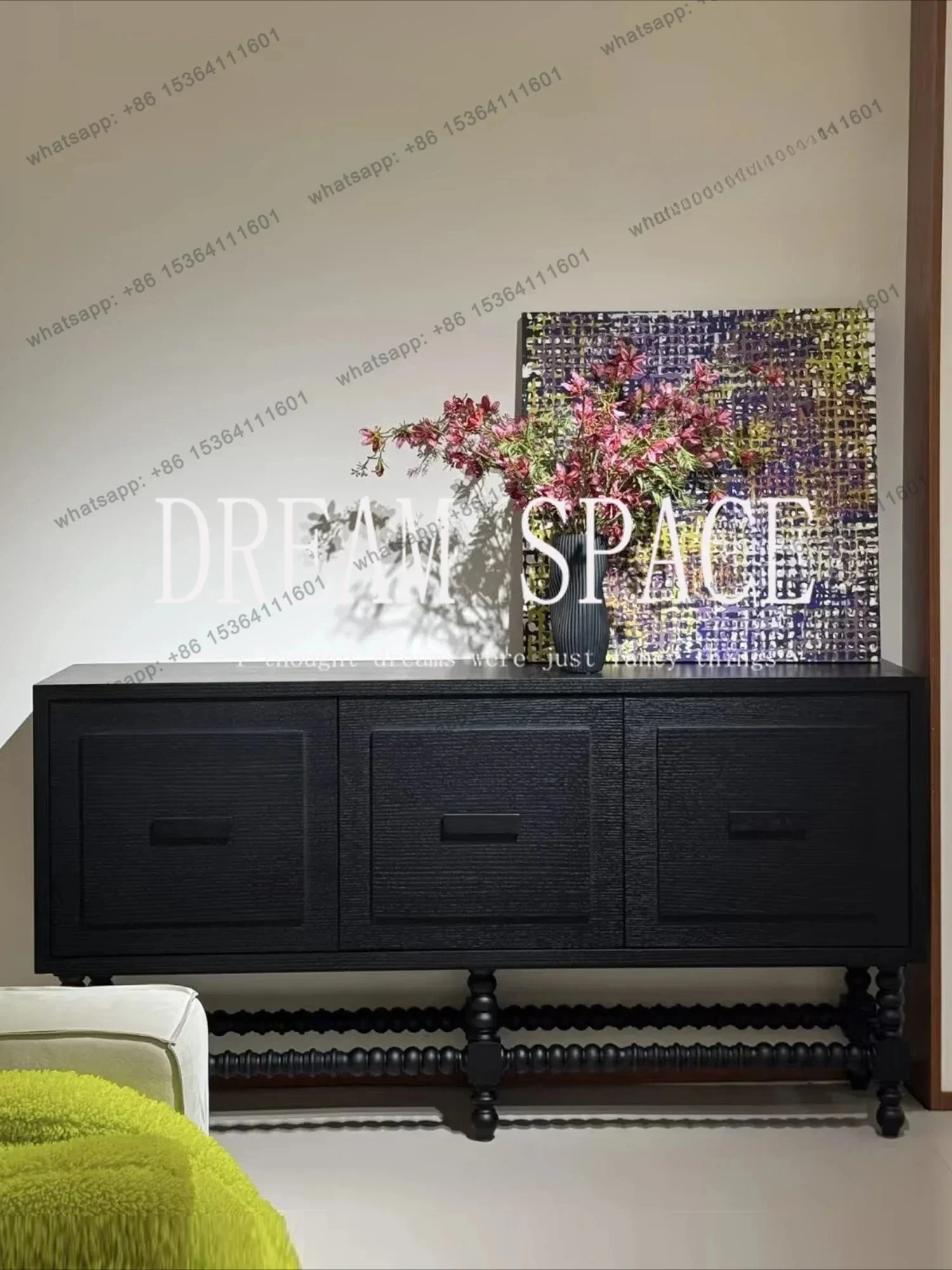 

z.French Medieval Solid Wood Black Dining Side Cabinet Retro Carved 3 Door Locker Home Designer