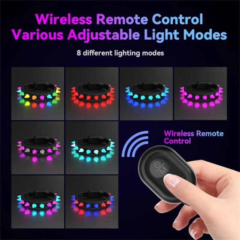 Fashion Cyber Punk RGB USB Led Bright Dog Collar with Spike Remote Control IPX6 Waterproof Long Working for Small Medium Dogs