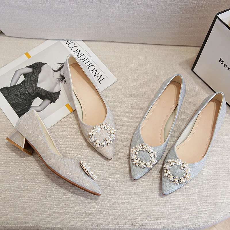 

Pointed Toe Block Heel Pumps With Pearl Rhinestone Buckle Detail Metallic Heel Elegant Dress Shoes For Wedding Party Prom Bridal