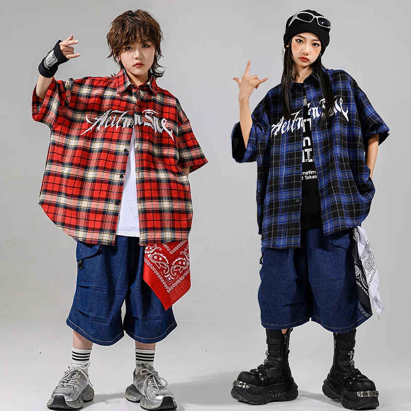 Jungen Hip Hop Lose Kariertes Hemd Cargo-Shorts Mädchen K-pop Street Dance Kleidung Kinder Streetwear Kinder Jazz Sommer Kleidung set