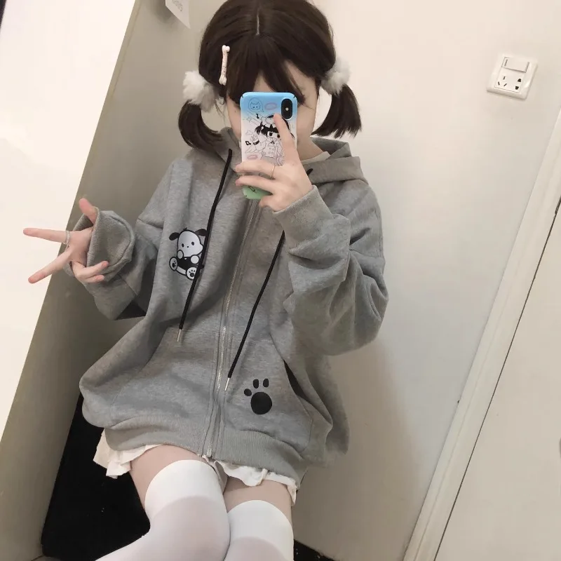 Japanese Cute Loose Long Sleeve Coat Kawaii Sweet Gray Hoodies with Hooded 2024 Autumn New Women Y2k Harajuku Casual Sweatshirts