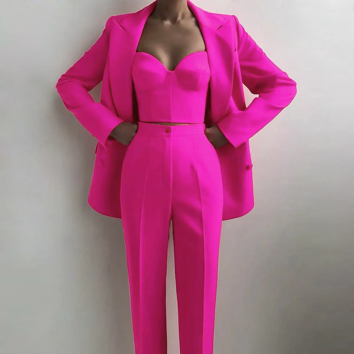 Women's Suits Sets New Arrivals 2024 High Quality Casual Fashion Women Business Suit Bra Blazer Pants Three Pieces Sets