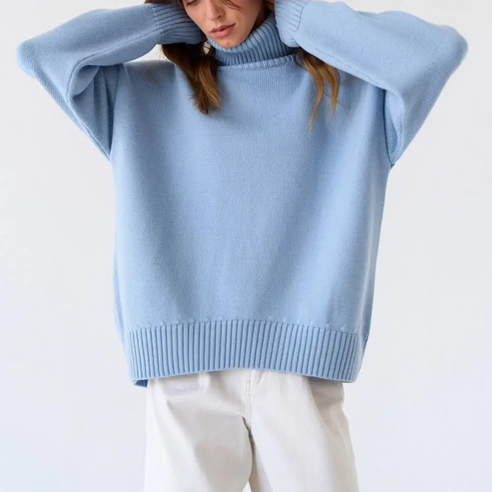 Comfortable Sweater Elegant High Collar Women's Sweater with Ribbed Trim Loose Fit Pullover Top in Solid Color for Stylish