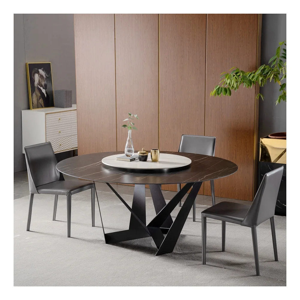 

Modern Luxury Metal Dining Room Furniture Round Table Italian Ceramic Marble Dining Table With Chairs Villa Dining Table Set