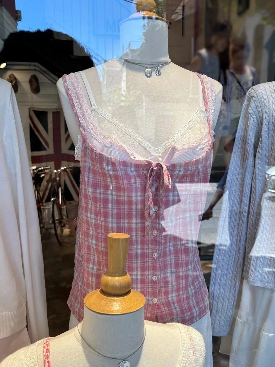 Pink Plaid Cute Tank Top Summer Lace-up Single Breasted Cotton Slim Woman's Camisole Casual Sweet Preppy Style Vest New Tops