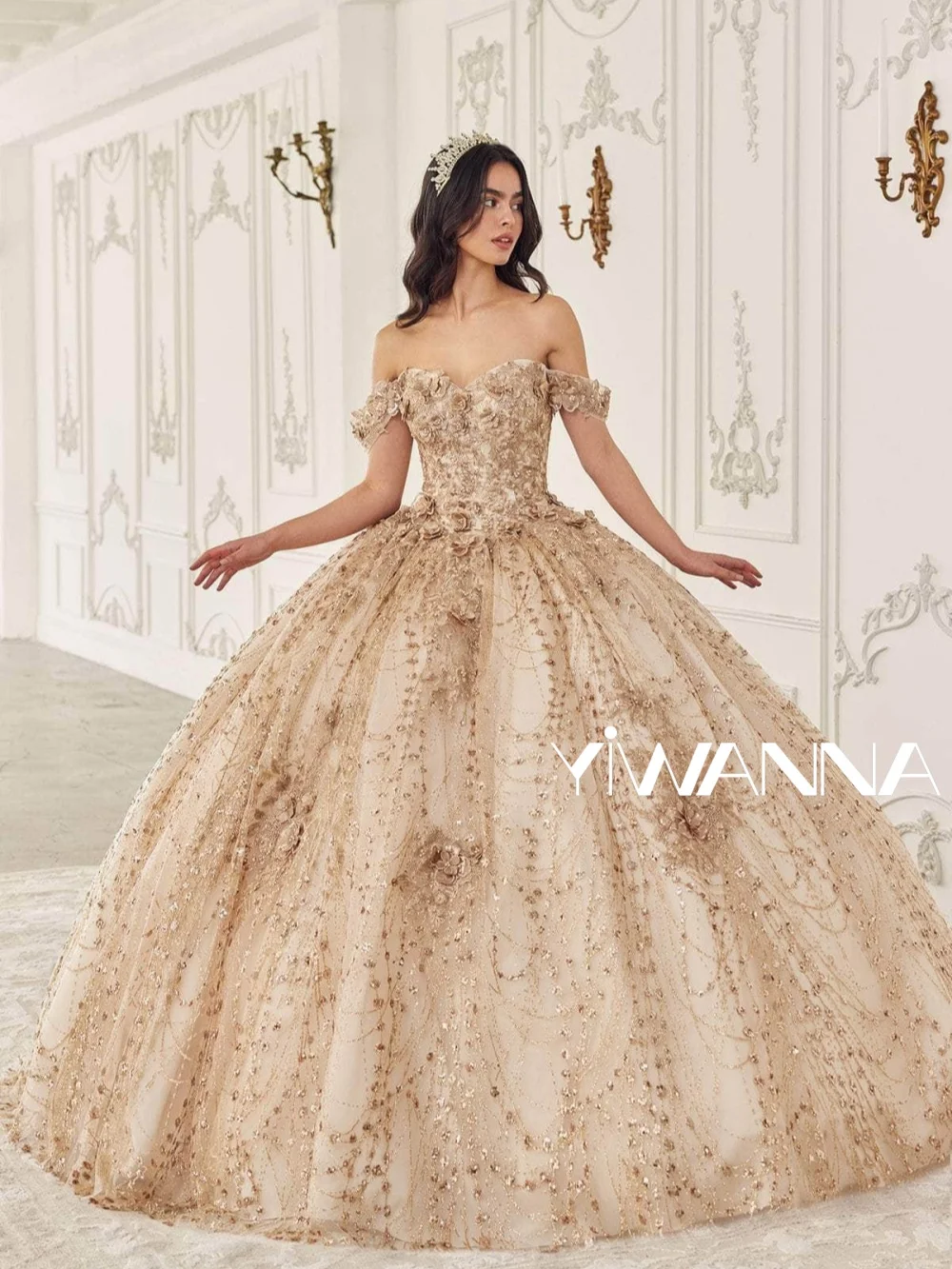 

Champagne Gold Off Shoulder Prom Dress 2026 Luxury Princess Ball Gown 3D Flower Sequin Tulle Evening Formal Quinceanera Gown