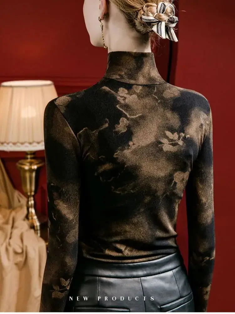 Women's Slim Fit Turtleneck Top - Shiny Tie-Dye Sheer T-shirt with Lace Cut-Out Detail, Versatile Base Layer for Spring Fall