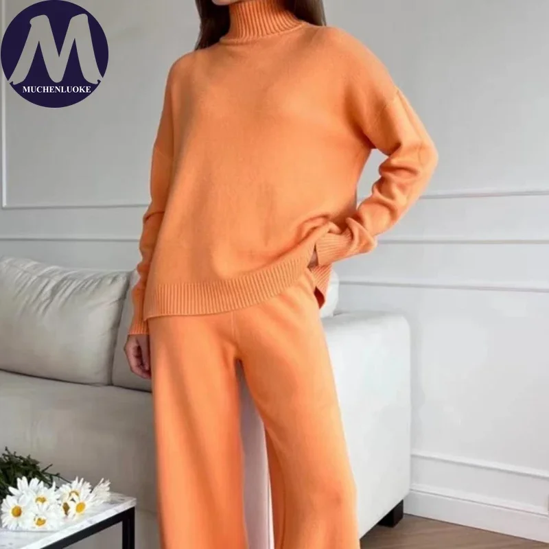 Damen Herbst-Winter 2-Teiliges Set im Lässigen Stil: Langärmeliger Rollkragenpullover und Bequeme Weite Hose, Modisches Zweiteiler-Set