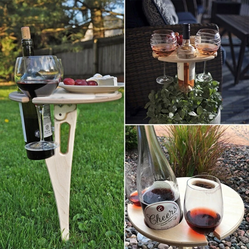 Outdoor Wine Table Foldable Round Desktop Mini Wooden Table Collapsible Wine Glass Rack Travel Portable