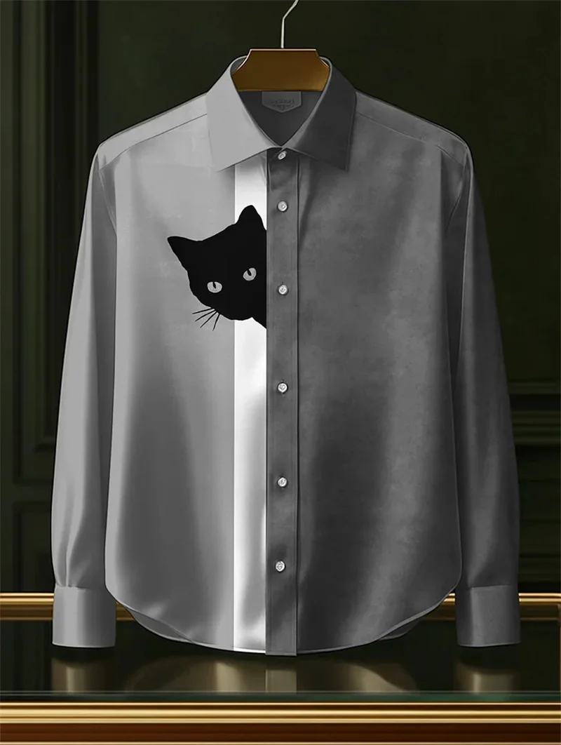 New Men's Long Sleeve Shirt Harajuku Men's Linen Hidden Black Cat Printed Casual Shirt Holiday 3D Bird Printed Top