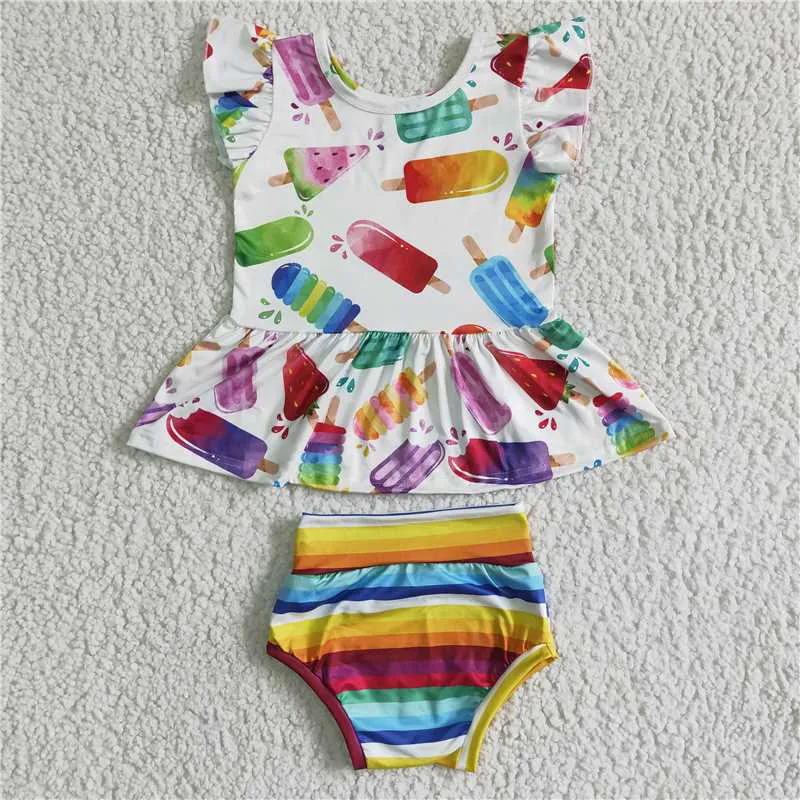 

Toddler New Summer Fashion Ice Cone Print Ruffles Bummies Suit Wholesale Baby Girls Children Boutique Outfits Clothing