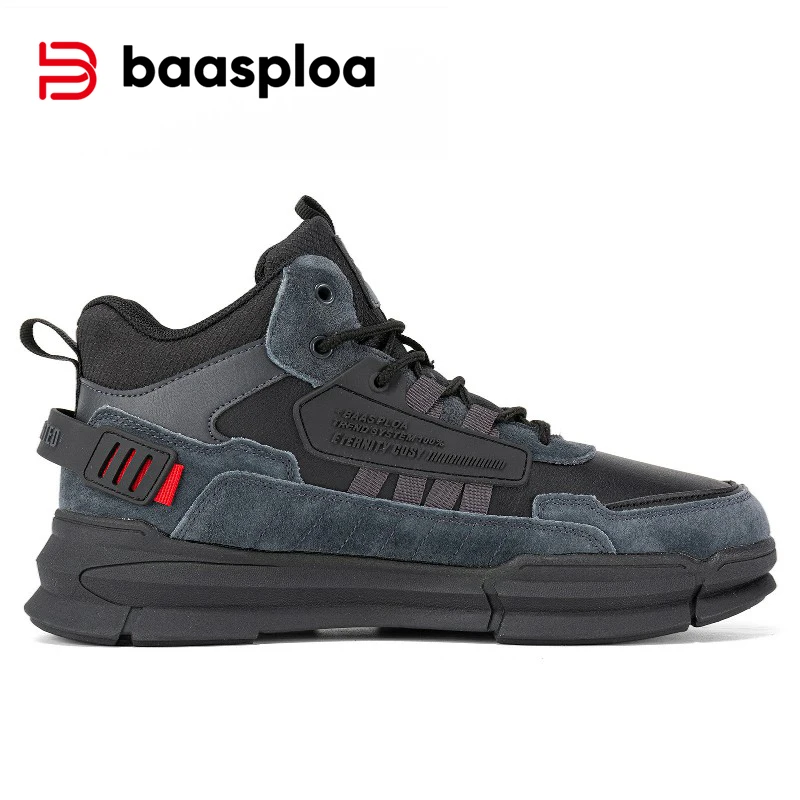 Baasploa New Hiking Shoes Men Winter Warm Waterproof Leather Plush Sneakers Male Casual Non-slip Wear-resistant Walking Shoes