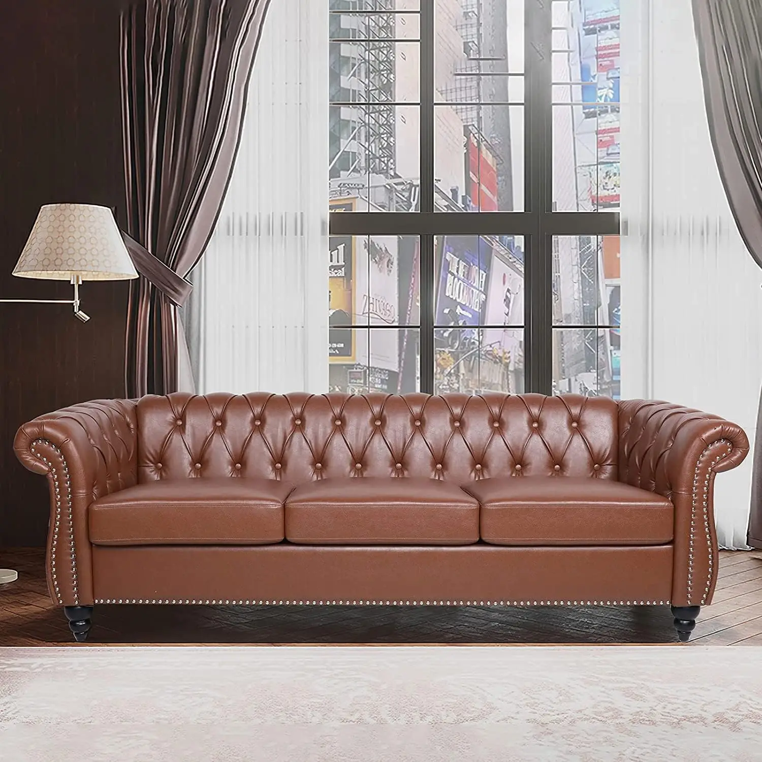 

Chesterfield Sofa Leather, Modern PU Tufted Couch 3 Seater with Rolled Arms and Nailhead for Living Room, Bedroom