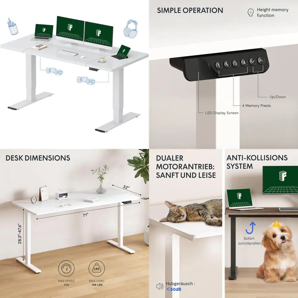 FLEXISPOT 71 x 32 Inch Dual Motor Standing Desk, Computer Desk with Memory Controller, Home Office Desk with Splice Board (White