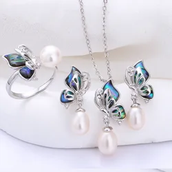 Natural Freshwater Pearls Fashion Butterfly Abalone Shell Jewelry Set Pendant Necklace Ring Earrings Fine Wedding Jewelry