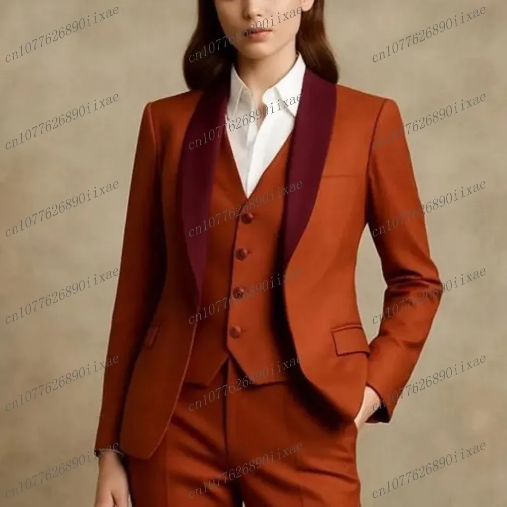 

Burgundy Collar Dark Orange Women Suits Lady Business Tuxedos Mother Wedding Party Formal Ladies 3 Piece Set Jacket Vest Pants