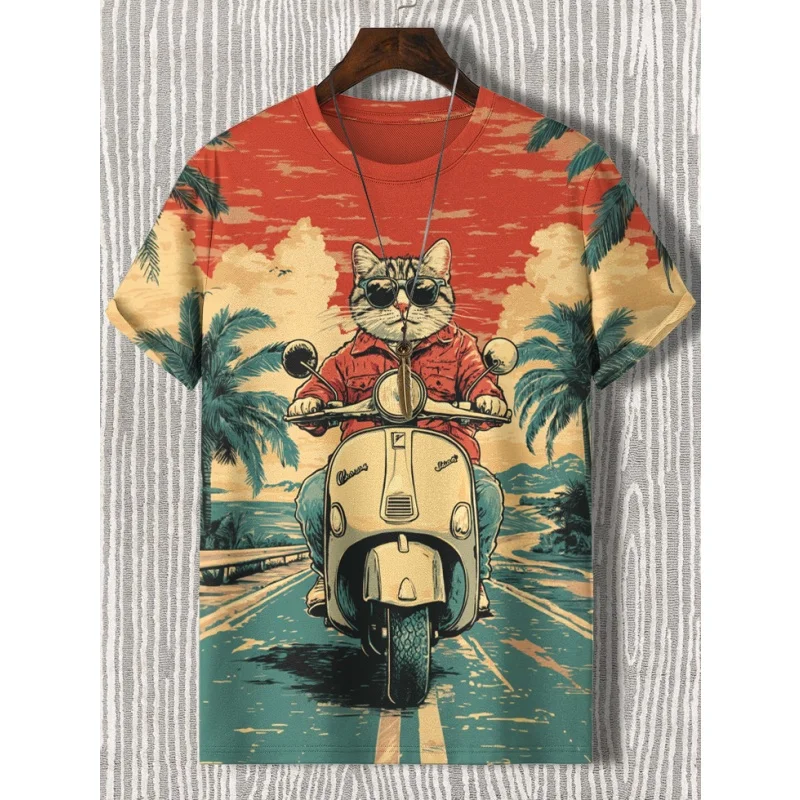 Swimming Flower Cat Pattern T-Shirt For Men Motorcycle Beach 3D Print Tees Summer Round Neck Tops Oversized Short Sleeve T Shirt
