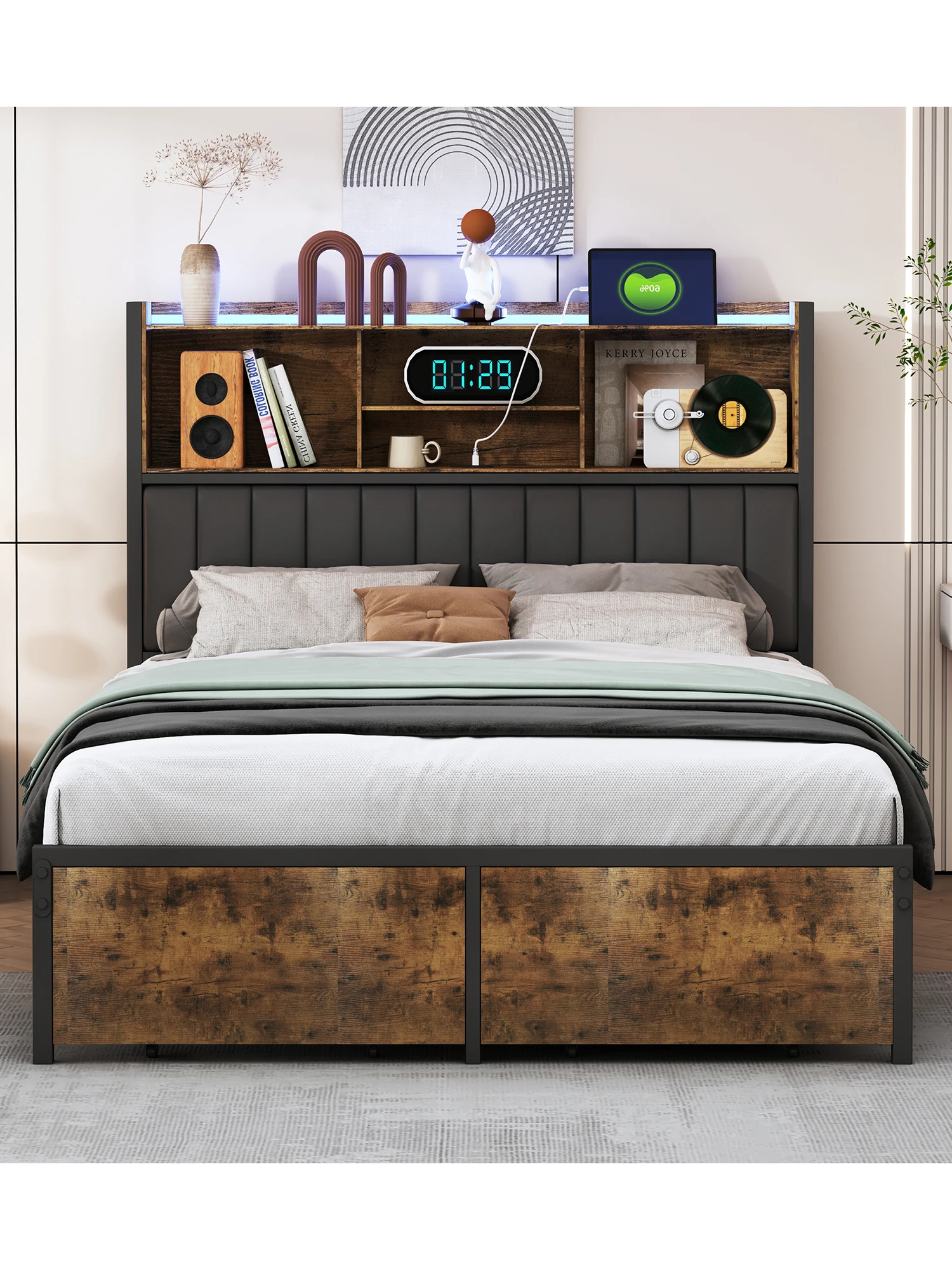 Anajqaqia Ironwood bedframe, 140x200cm/160x200cm, tweepersoonsbed, met opberglades, oplaadfunctie en LED-verlichting - afbeelding 2