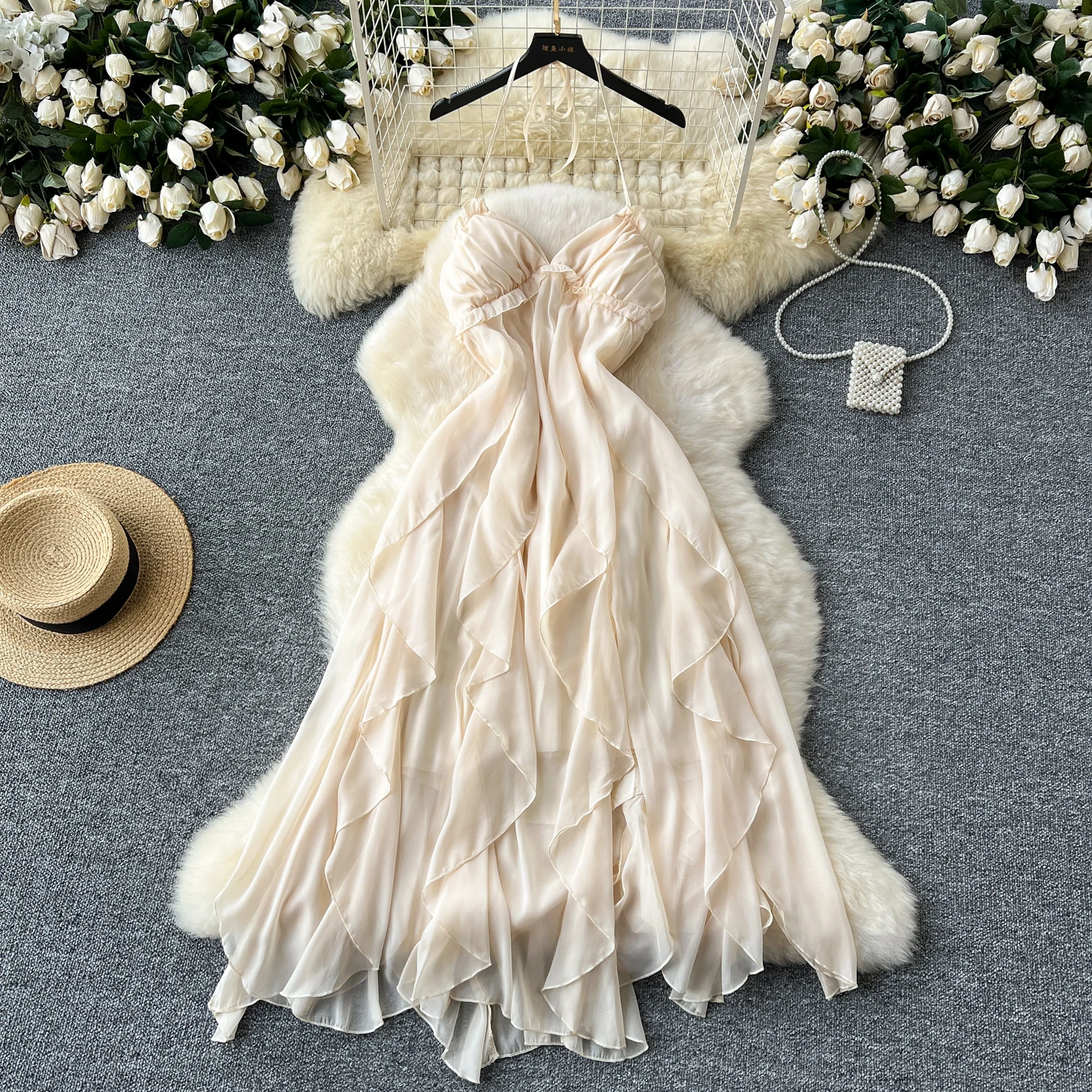 Sexy v neck asymmetrical ruffle chiffon summer halter Dress Chic Vintage Korean Fashion Women Beach Casual Slim dresses
