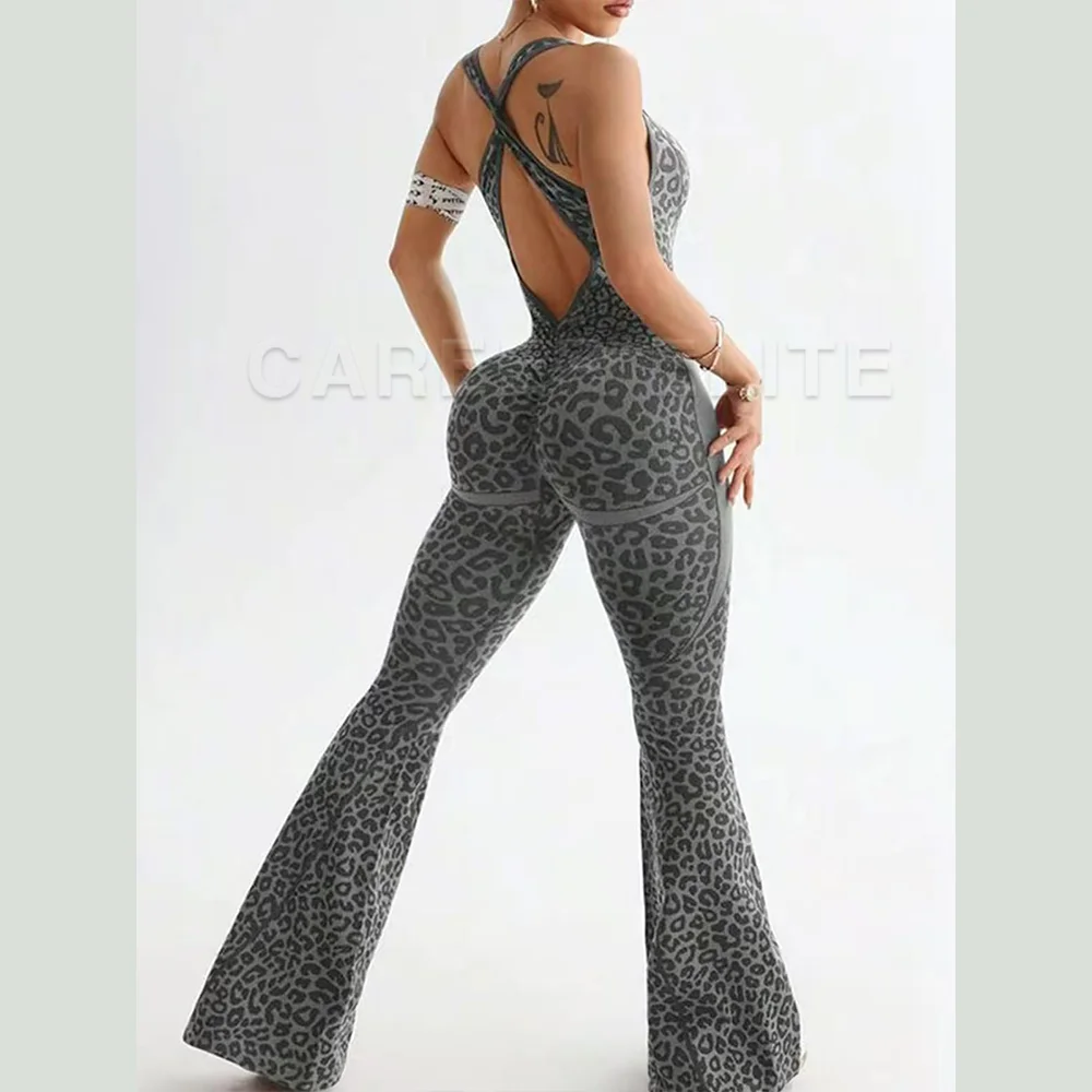 Leopard Print Seamless Yoga Jumpsuit for Women Backless Flared Leg Gym Bodysuit High Waist Tummy Control Workout Activewear