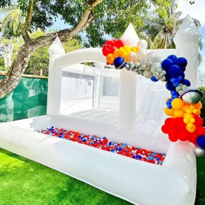 Maison Blanche à Rebond pour Enfants et Adultes, Toboggan et Fosse à Boules, Château Gonflable en PVC pour l'Extérieur, 15x15 Pieds, avec Souffleur Aie