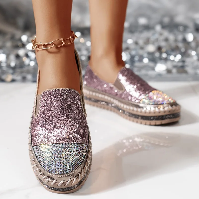 

2025 Spring/Autumn Hot Selling New Round Head Shallow Mouth Flat Bottom Water Diamond Casual Shoes with Thick Bottom Le Fu Shoes