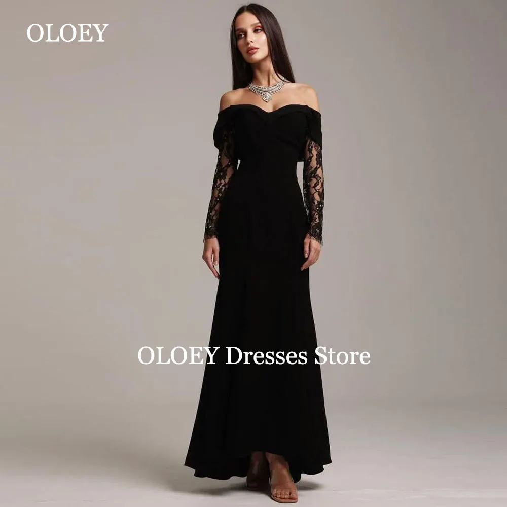 

OLOEY Elegant Black Prom Dresses Off Shoulder Floor Length Long Sleeves Formal Party Dress Prom Gowns Dubai Arabic Customized