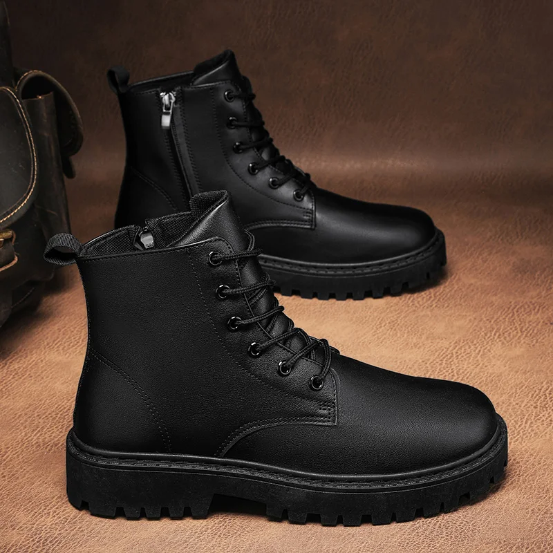

Black High-Top Men's Motorcycle Boots Spring Autumn Wear-Resistant Side Zip Casual round Toe Rubber Outsole Boots