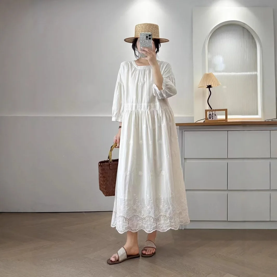 Japanese Sweet Mori Girl Lace Embroidery Hollow Out Cotton Dress Women Summer O-Neck 3/4 Sleeve Casual Loose A-Line Maxi Dresses